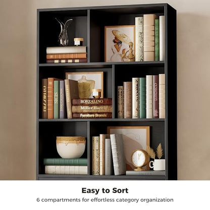 Bookshelf, 70.9 Inch Tall Bookcase, Black Book Shelf with Doors and 3 Drawers, 3-Tier Bookshelves with 6 Open Cubes for Home Office, Living Room, Study