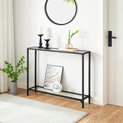 39.4" Narrow Console Table, Tempered Glass Sofa Table, Behind Couch Table Modern Entryway Table, Metal Frame, for Living Room, Hallway BK04XG01