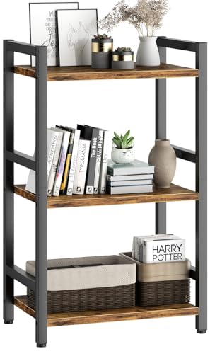 Book Shelf, 3 Tier Bookcase with Steel Frame, Stable Bookshelf Narrow Book Shelves Storage Organizer for Book CD Movie, Open Book Shelves for Living Room, Home Office, Study, Rustic Brown