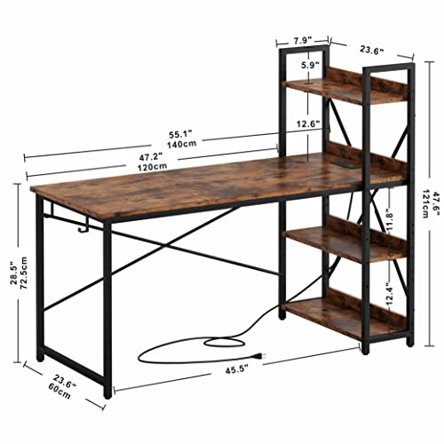 Computer Desk 55" with Power Outlet and Storage Shelves,Rustic Brown, view 6