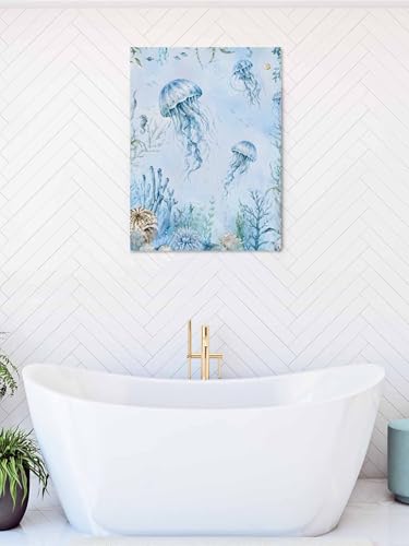 NuYeBiofx Summer Marine Life Jellyfish Canvas Wall Art Prints,30"x20" Framed Picture Artwork Coastal Starfish Corals Printed Canvas Oil Painting for Living Room Bedroom Office,Ready to Hang
