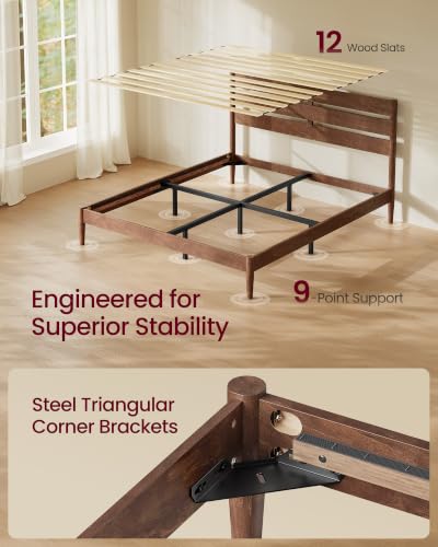 Queen Bed Frame, Wood Platform Bed with Headboard Storage Shelf, view 5