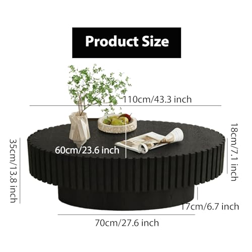 Oval Fluted Coffee Table Mid Century Modern Coffee Tables with Handcrafted Relief Ellipse Drum End Table Rustic Industrial Center Tables for Apartment Living Room (Black Oval)