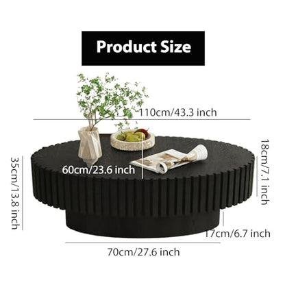 Oval Fluted Coffee Table Mid Century Modern Coffee Tables with Handcrafted Relief Ellipse Drum End Table Rustic Industrial Center Tables for Apartment Living Room (Black Oval)