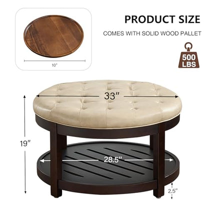 Round Coffee Tables for Living Room,33’’ Storage Ottoman with Wooden Tray, Upholstered Ottoman Footrest, Ivory
