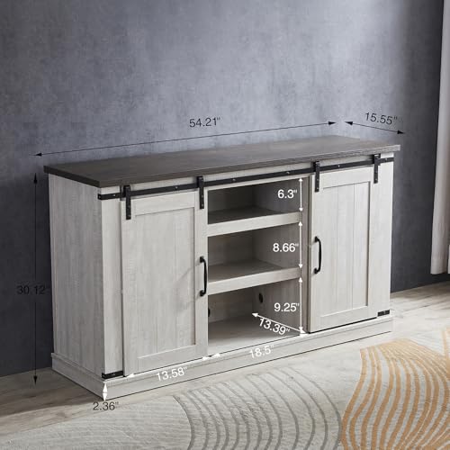 Modern Farmhouse Wood TV Stand for TVs up to 65 Inch, Home Living Room Storage Table TV Stands Cabinet Doors and Shelves Entertainment Center, Stone Grey