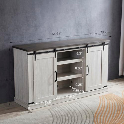 Modern Farmhouse Wood TV Stand for TVs up to 65 Inch, Home Living Room Storage Table TV Stands Cabinet Doors and Shelves Entertainment Center, Stone Grey