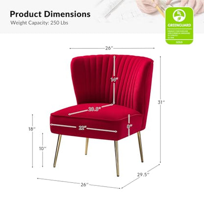 Velvet Armless Accent Chair, Upholstered Modern Small Side Chair with Golden Legs, Comfy Cute Wingback Slipper Chair for Living Room, Study, Beauty Room, Thickly Padded(RED)