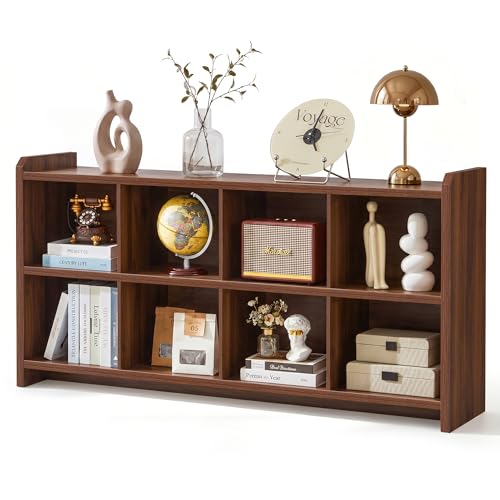 8 Cube Low Storage Organizer, 63" Long Horizontal Bookshelf, Walnut, view 2