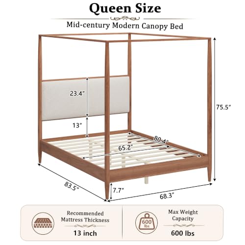 RuiSiSi Queen Size Canopy Bed Frame with Boucle Headboard, view 3