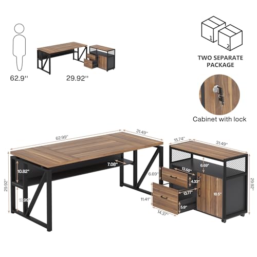 Tribesigns 63" Executive Desk with Reversible File Cabinet, view 3