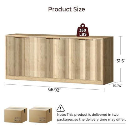 67" Fluted Oak Buffet Cabinet Sideboard with Storage, Large Credenza with 6 Doors, Wood Mid Century Modern Sideboard for Kitchen and Living Room (67"*31.5"*15.7")