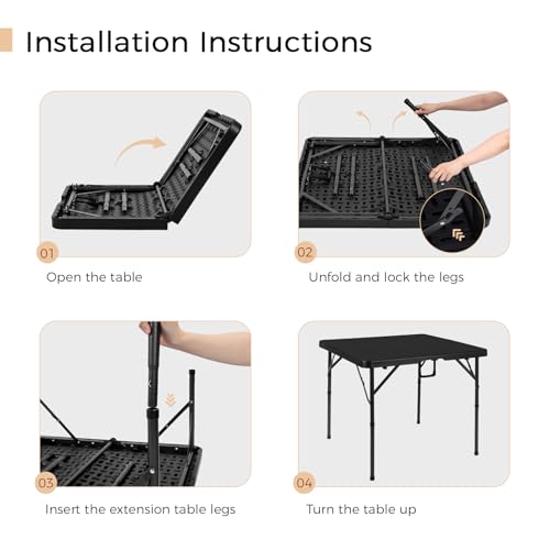 34" Folding Card Table Square Foldable Table Plastic Portable with Detachable Legs, Dual Height Adjustable, Heavy-Duty Indoor Outdoor Dining, Game, Picnic, Mahjong Tables-Black