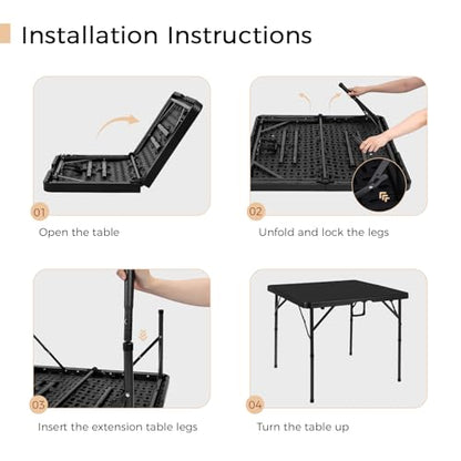34" Folding Card Table Square Foldable Table Plastic Portable with Detachable Legs, Dual Height Adjustable, Heavy-Duty Indoor Outdoor Dining, Game, Picnic, Mahjong Tables-Black