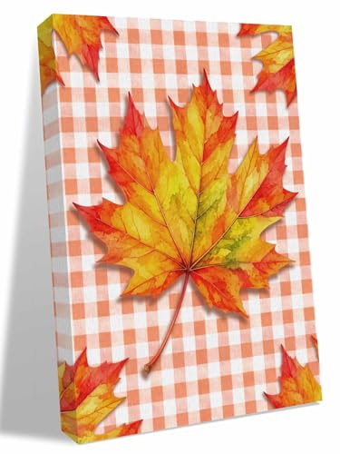 NuYeBiofx Fall Thanksgiving Maple Leaves Canvas Wall Art Prints,30"x20" Framed Picture Artwork Plaid Background Printed Canvas Oil Painting for Living Room Bedroom Office,Ready to Hang