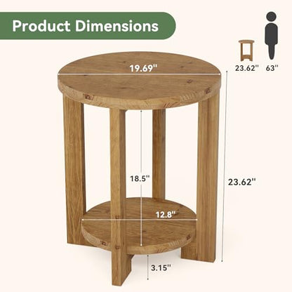 Solid Wood Round End Table, Accent Bed Side Table with Storage Shelf, 2-Tier Circle Wood Nightstand for Living Room, Bedroom, Small Spaces, Brown