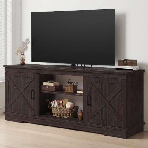 Espresso TV Stand, 2 Barn Doors & Open Shelves, Fits 65" TVs, view 8