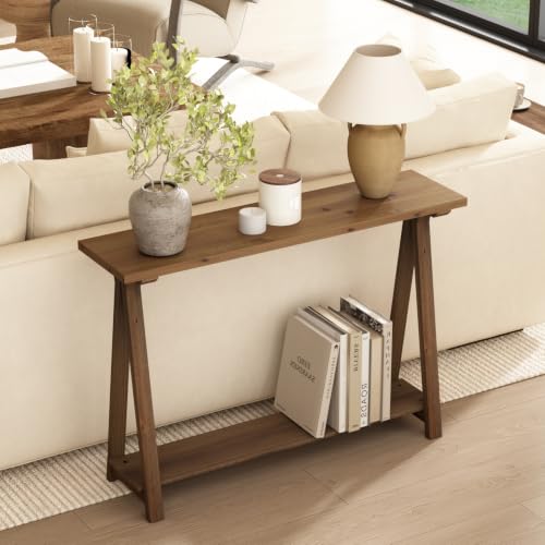 43" Solid Wood Farmhouse Console Table for Living Room, Natural | Rustic Hallway Stand for Entryway, 2-Tier Sofa Storage Unit