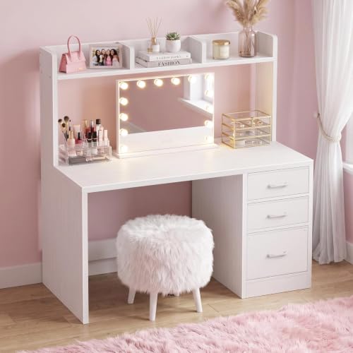 Wood Desk with Hutch and 3 Drawers， White, view 6