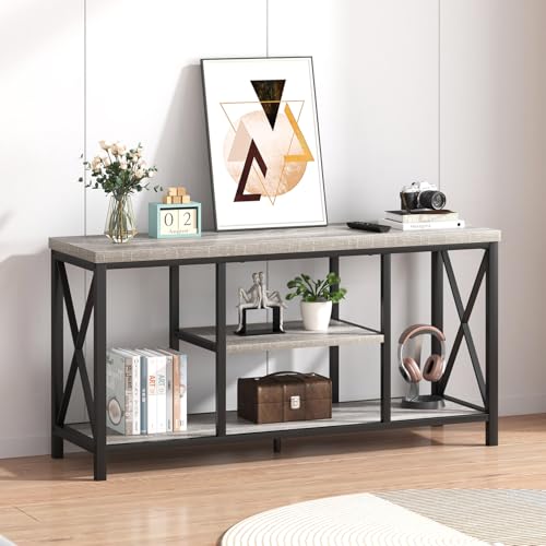 Modern TV Stand for TVs up to 55 Inch, Rustic Wood Entertainment Center with Storage Shelves, Industrial Media TV Console and TV Table for Living Room Bedroom, 47 Inch Light Grey