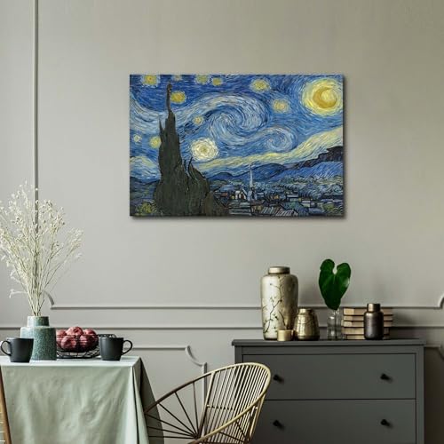 Starry Night Painting Wall Art: Van Gogh Canvas Picture Textured Reproduction Print Famous Artwork Abstract Landscape Living Room Bedroom Office Decor