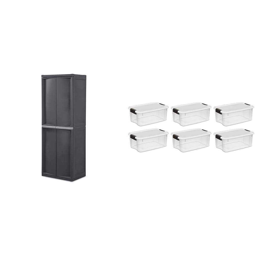 Sterilite 4 Shelf Cabinet, Heavy Duty and Easy to Assemble Plastic Storage Unit & 18 Qt Ultra Latch Box, Stackable Storage Bin with Lid