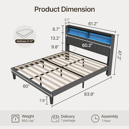 Upholstered Queen Size Bed Frame with Headboard, LED & USB Ports, view 3
