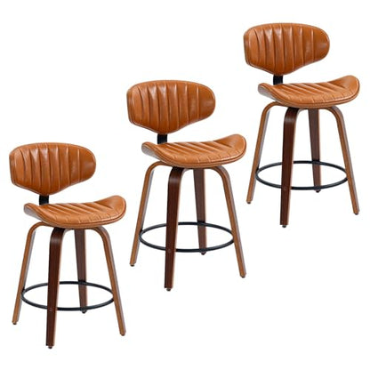 Swivel Bar Stools Set of 3, 24 inch PU Leather Wooden Bentwood Barstools Counter Height Modern Breakfast Bar Chairs with Backrest and Footrest for Kitchen Island, Dining Room D035-Brown-3