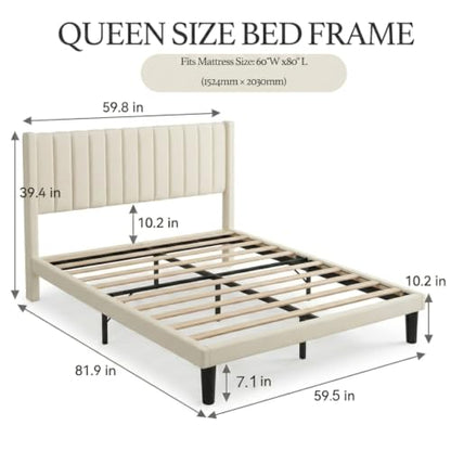 Queen Modern Upholstered Platform Bed Frame with Headboard, Beige, view 3
