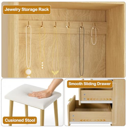 Fluted Vanity Desk with Mirror & Lights, Jewelry Rack, Stool (Oak), view 7