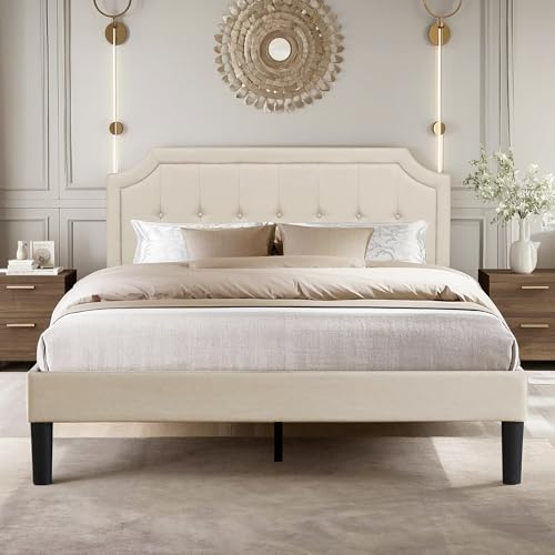 Queen Size Platform Bed Frame with Fabric Upholstered Headboard and Wooden, view 2