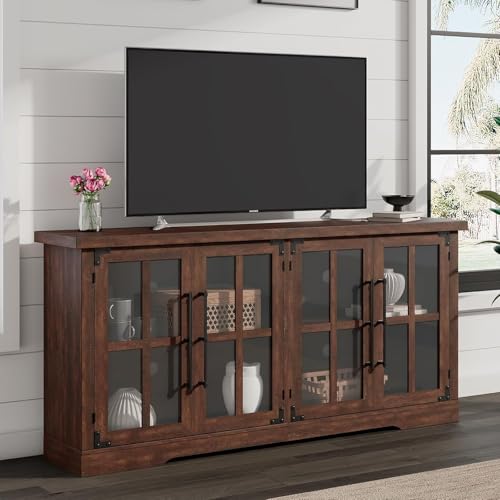 63" Farmhouse TV Stand with 4 Glass Doors and Storage, Espresso, view 2
