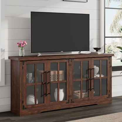 63" Farmhouse TV Stand with 4 Glass Doors and Storage, Espresso, view 2