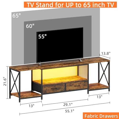 LED TV Stand with 2 Fabric Drawers for 65 60 55 Inch TV, Entertainment Center TV Stands for Living Room, Bedroom, TV Media Console Table with Storage Shelves, 55" Rustic Brown