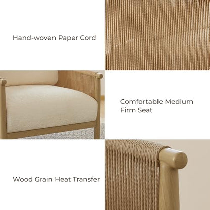 CHITA Braid Accent Chair with Wood-Like Finish Grain Metal Frame, Cream