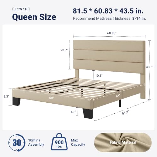 Queen Size Platform Bed Frame with Fabric Upholstered Headboard, view 3