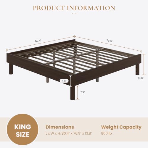 King Size Wood Platform Bed, 7.9" Under-Bed Storage, Walnut, view 3