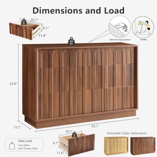 55" Wide 9 Drawer Dresser for Bedroom, Arched Design, Walnut, view 3