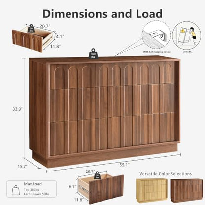 55" Wide 9 Drawer Dresser for Bedroom, Arched Design, Walnut, view 3