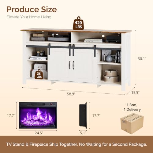 58" Fireplace TV Stand with Barn Doors for 65" TVs, 1 Package, White, view 3
