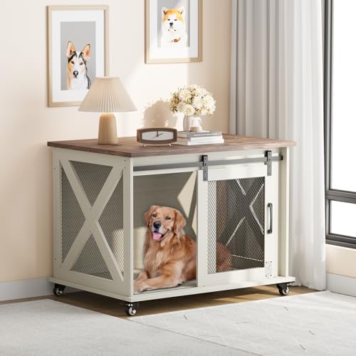 Modern Farmhouse Wooden Dog Crate Furniture with Sliding Barn Door, Turn Top, view 5