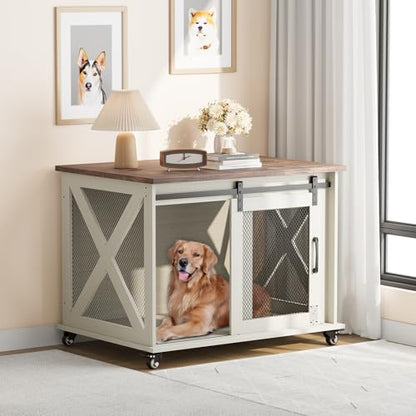 Modern Farmhouse Wooden Dog Crate Furniture with Sliding Barn Door, Turn Top, view 5