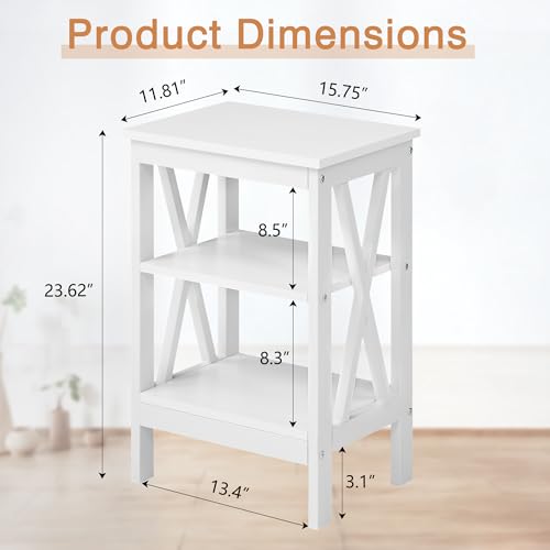 End Table Set of 2, Bedside Table, 24" Tall Living Room End Tables, X-Design Reinforced Nightstands, Side Table with 3-Tier Storage Shelves for Small Spaces, Office, Bathroom, Bedroom, White