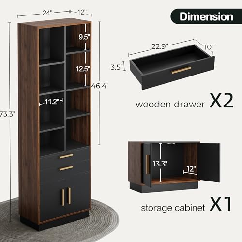 73.3" Bookcase with 2 Drawers and Doors, 8 Storage Cubes, view 3