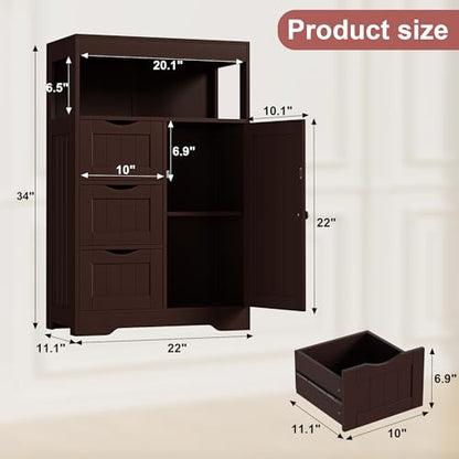 Bathroom Storage Cabinet Freestanding Floor Cupboard with 1 Door and 3 Drawers for Kitchen, Living Room, Brown