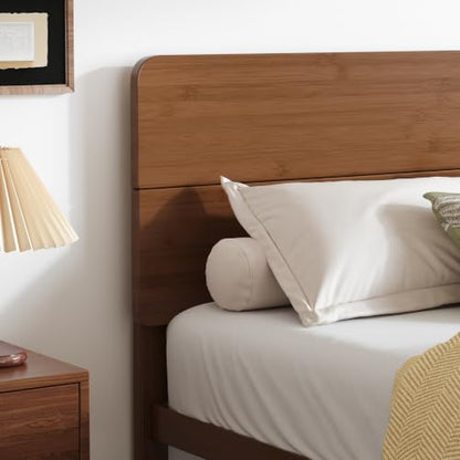 14" Queen Size Bamboo Wood Platform Bed Frame with Headboard, Brown, view 4