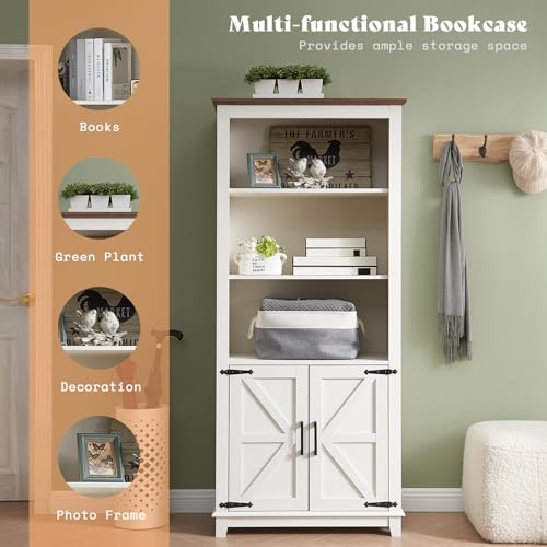 2-Piece 5-Tier Farmhouse Bookcase with Barn Doors, Rustic White, view 7