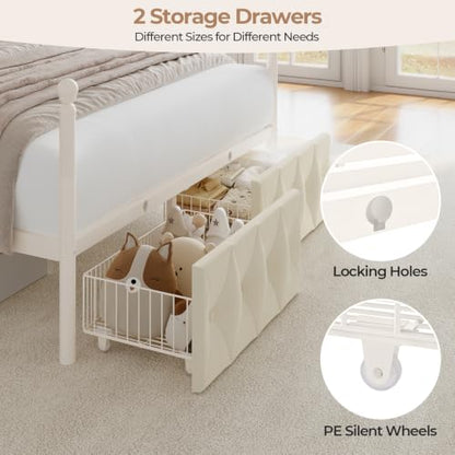 Full Size Upholstered LED Canopy Bed Frame with 2 Drawers and & Charging Station, view 6