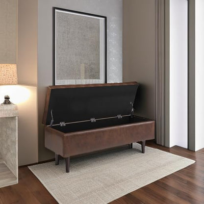 Shay 48 inch Wide Mid Century Modern Rectangular Storage Ottoman in Distressed Chestnut Brown Vegan Faux Leather, Assembled, For the Living Room, Entryway and Family Room