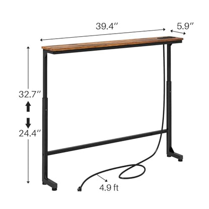 Narrow Console Table Behind Sofa Couch, Design with Adjustable Height (25"-33") & Power Outlets, Small Entryway Table - 5.9" D x39.4 L, Rustic Brown